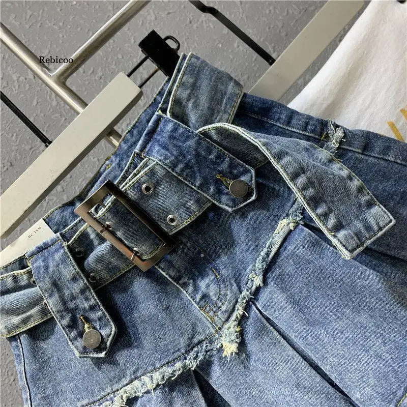 Fashion Patchwork Pleated Denim Skirt for Women's High-Waist Casual Loose A-Line Skirts Female 2023 Spring New