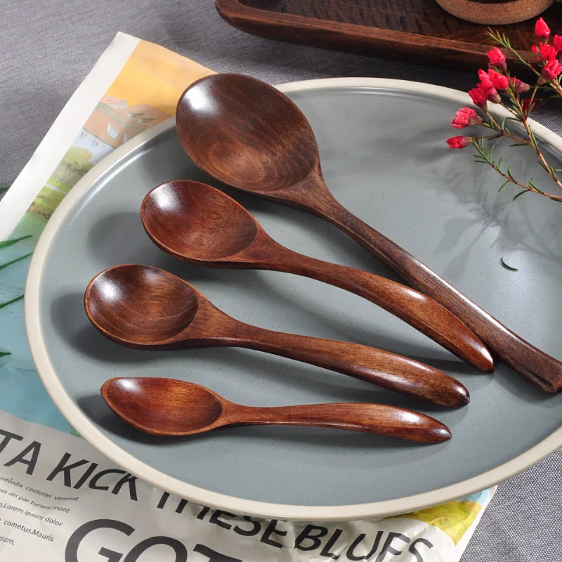 Japanese Wooden Spoon Long Handle Ramen Spoon Drinking Porridge Spoon Household Wood Tableware Round Spoon kitchen supplies