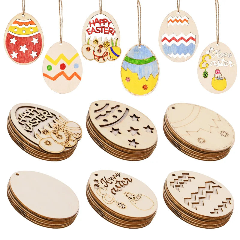 6/12Pcs Easter Egg Wooden Slice Kids DIY Painting Gift Hanging Pendant Unfinished Wood Crafts Happy Easter Party Home Decoration