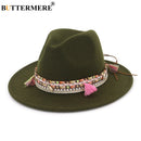 BUTTERMERE Damen Fedora Hut Wolle Khaki Jazz Hüte Weiblich National Lässig Große Krempe Vintage Herbst Klassischer Filzhut und Mütze 2022