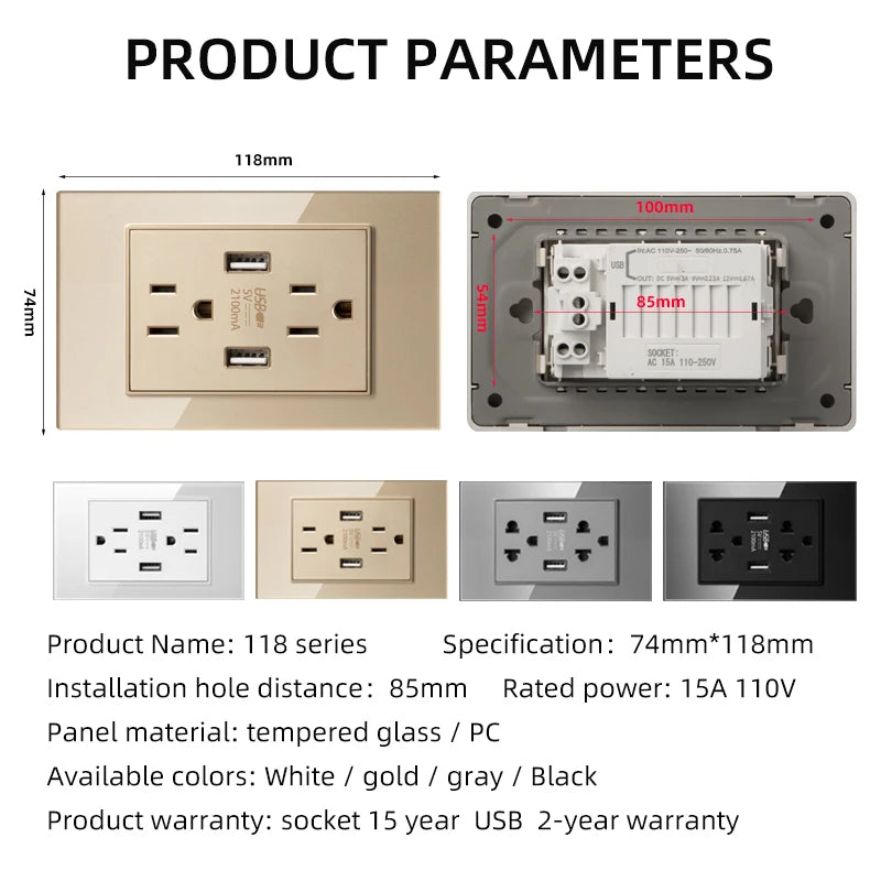 Herepow 118 Series Thailand American Standard Dual USB Wall Socket Smart Home Appliance Plug Adapter Type-c 3.1A Fast Charging