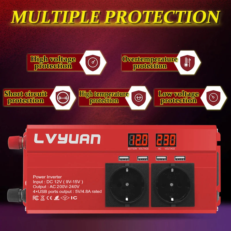 LVYUAN Power Inverter 1500W/2000W/2600W Peak Power LED Display Car Inversor DC12V AC220V High Efficiency