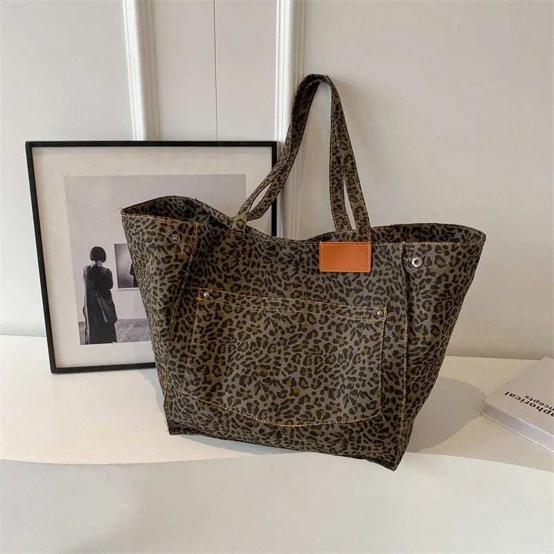 Oversized Leopard Prints Shoulder Bags for Women Deformable Canvas Large Capacity Shopping Totes 2024 Winter New Luxury Handbags