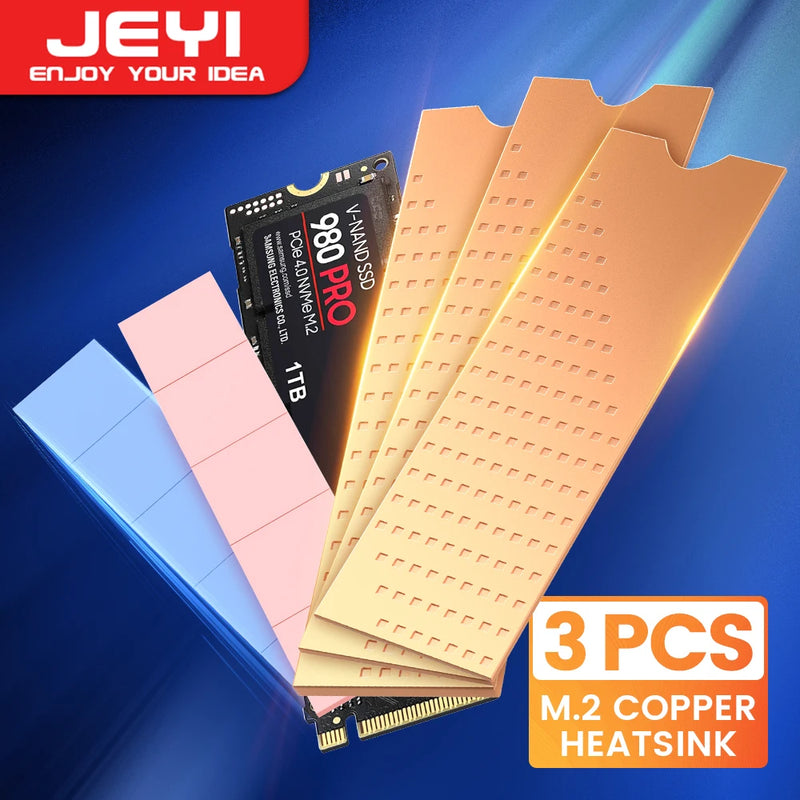 JEYI Copper M.2 HeatSink, 3pcs 2280 SSD Copper Cooler Solid State Disk Radiator with Thermal Silicone Pad for Laptop Desktop