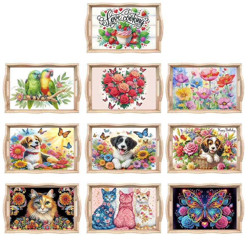Wooden Animals Flowers 5D DIY Diamond Painting Serving Tray with Handle DIY Diamond Painting Food Tray Kit for Coffee Table