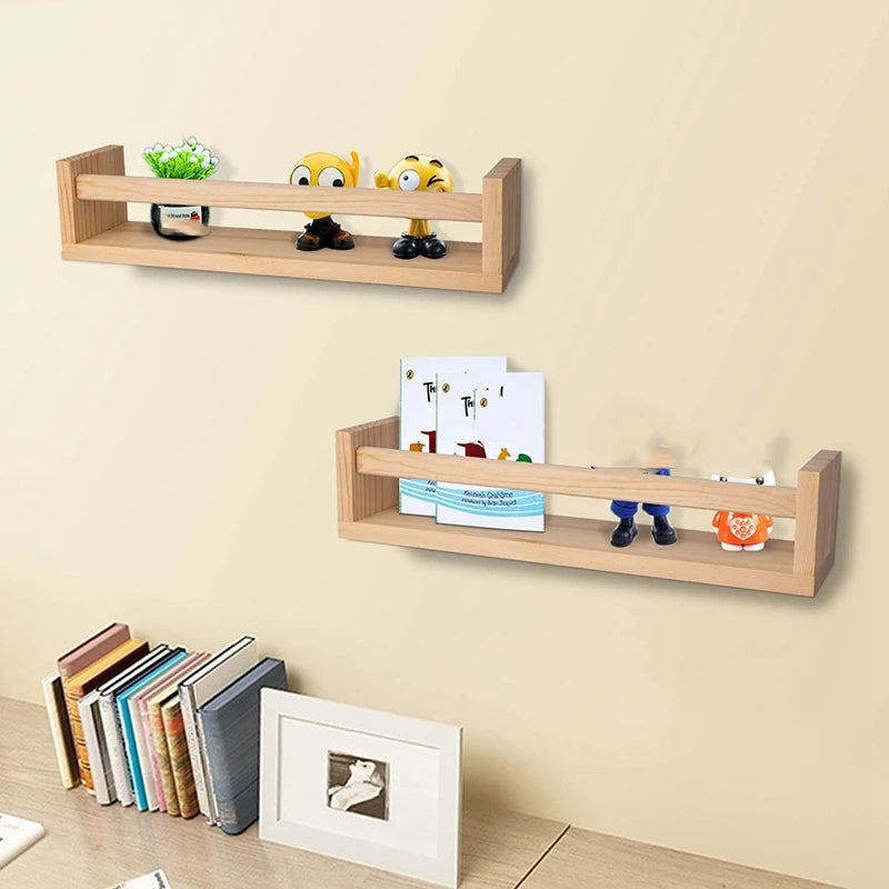 2Pcs Bookshelf,Natural Wood Floating Wall Bookshelf for Kids,Nursery Shelves for Wall,Bathroom Decor, Kitchen Spice Rack