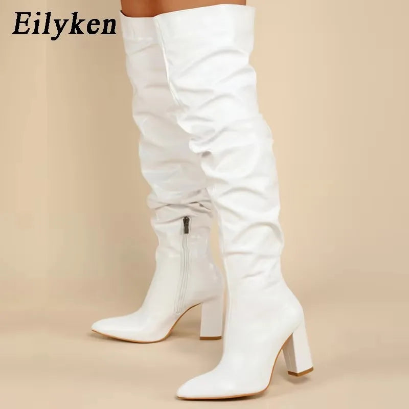 Eilyken Winter Women Over-the-Knee Boots Punk Style Square High Heel Zipper Shoes Pleated Pointed Toe Ladies Long Booties