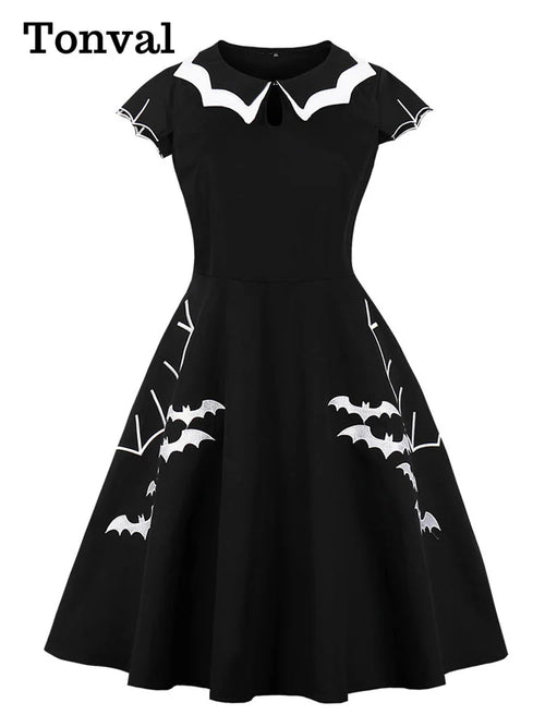 Tonval Bat Embroidery Halloween Costumes Party Vintage Dresses for Women Cap Sleeve Keyhole Front Retro A Line Dress
