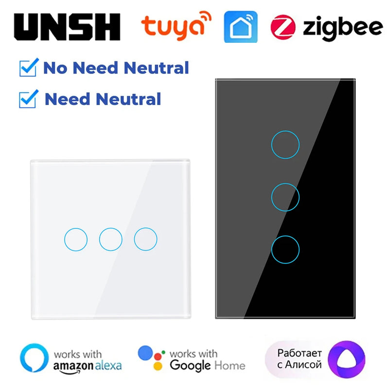 Tuya ZigBee Smart Light Switch 1 2 3 4 gang 2-way Control Touch Wall Switch With/No Neutral Wire Via Alexa Google Home Alice