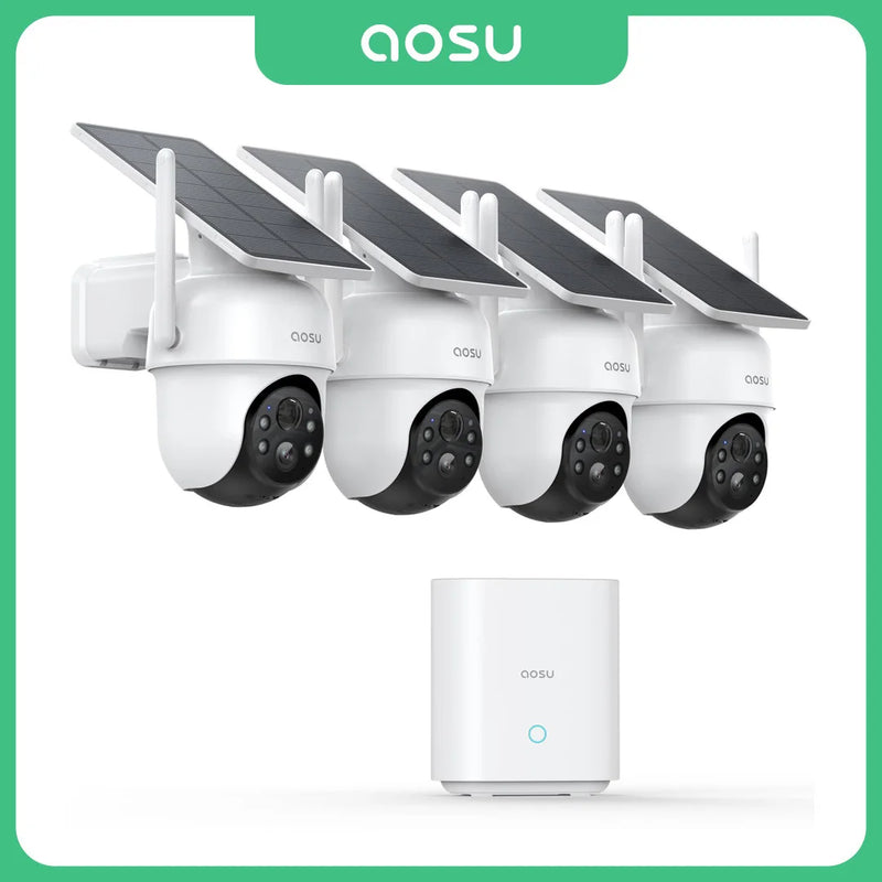 AOSU 3MP Solar Battery Camera System 4 Cams Kit Wireless 360° PTZ Surveillance Wifi Camera Set Include Home Base Support Alex