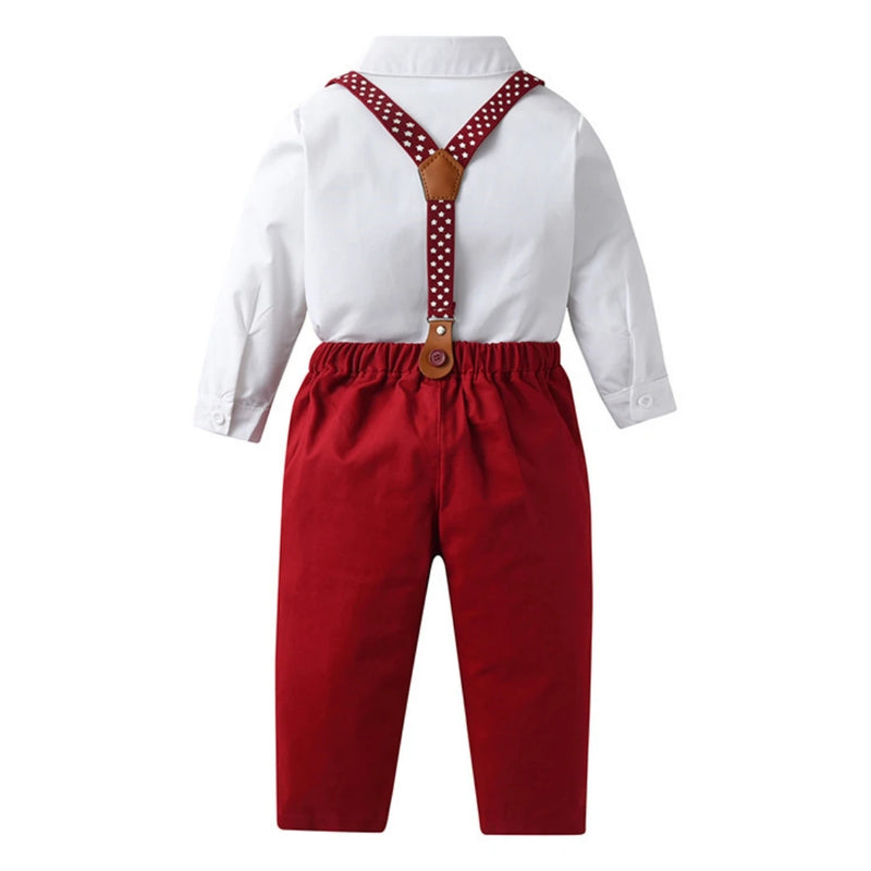 1 2 3 4 5 6 7Y Boy Christmas Outfit White Shirt+Star Printed Strap Set Children Autumn Formal Gentleman Wedding Flower Costume