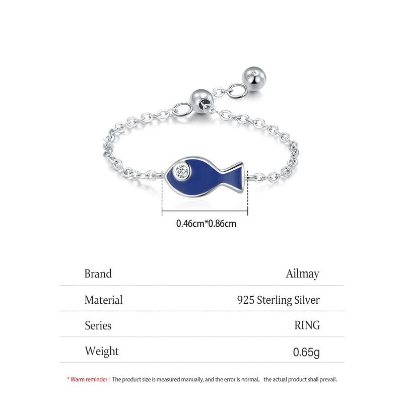 Ailmay 925 Sterling Silver Blue Enamel Lovely Small Fish Adjustable Ring For Women's Daily Wear, Parties, And Gift Giving