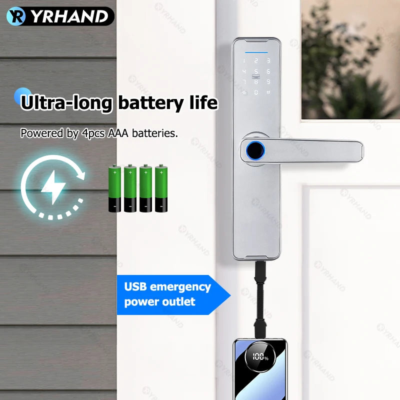 YRHAND K7S New Tuya Wifi Sliver fechadura eletronico digital Biometric Fingerprint Lock App Remote Waterpoof Smart Door Lock