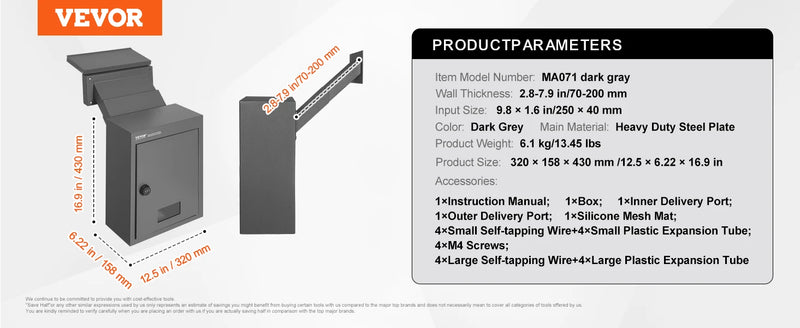 SucceBuy Through The Wall Drop Box, Heavy Duty Steel Through the Wall Mailbox with 2.8-7.9" 13" Combination Lock, Mail Drop Box