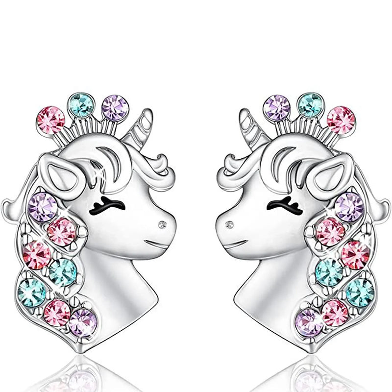Hot Cute Unicorn Stud Earrings for Little Girl Kids Crystal Cat Butterfly Rainbow Heart Star Earring Christmas Gift Jewelry