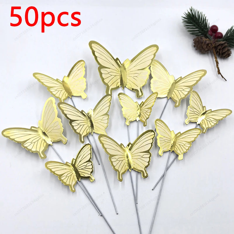 50pcs Butterfly Cake Decoration Gold Pink Butterfly Cake Toppers Birthday Wedding Anniversary Shower Baking Toppers