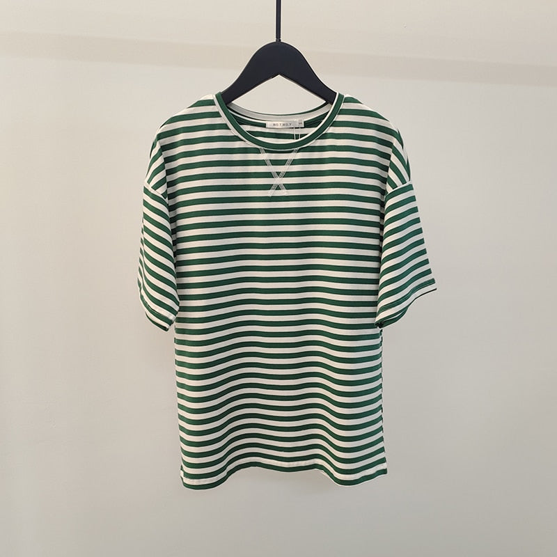 WOTWOY Summer Short Sleeve Striped T-Shirts Women Knitted Basic Casual Tops Female Cozy Loose Cotton Tees 2023 Harajuku Shirt