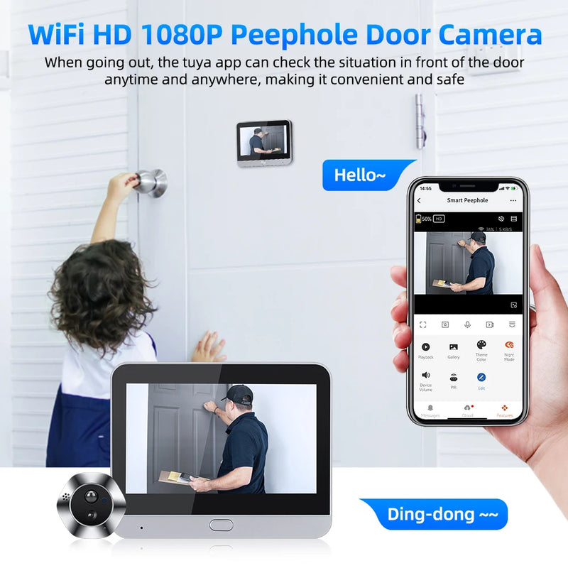 Elecpow Tuya WiFi Video Doorbell Eye Peephole Camera 1080P Smart 4.3Inch PIR Motion Detection Alexa Google Digital Door Viewer