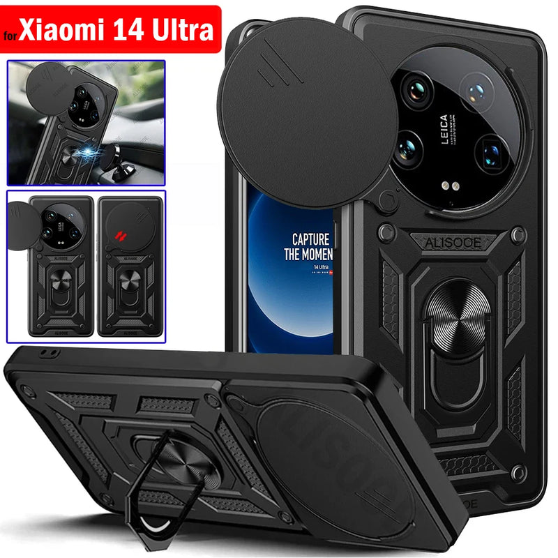 Armor Funda for Xiaomi 14 Ultra Case Slide Camera Lens Protection Ring Stand Cover for Xiaomi 14 Ultra Capa