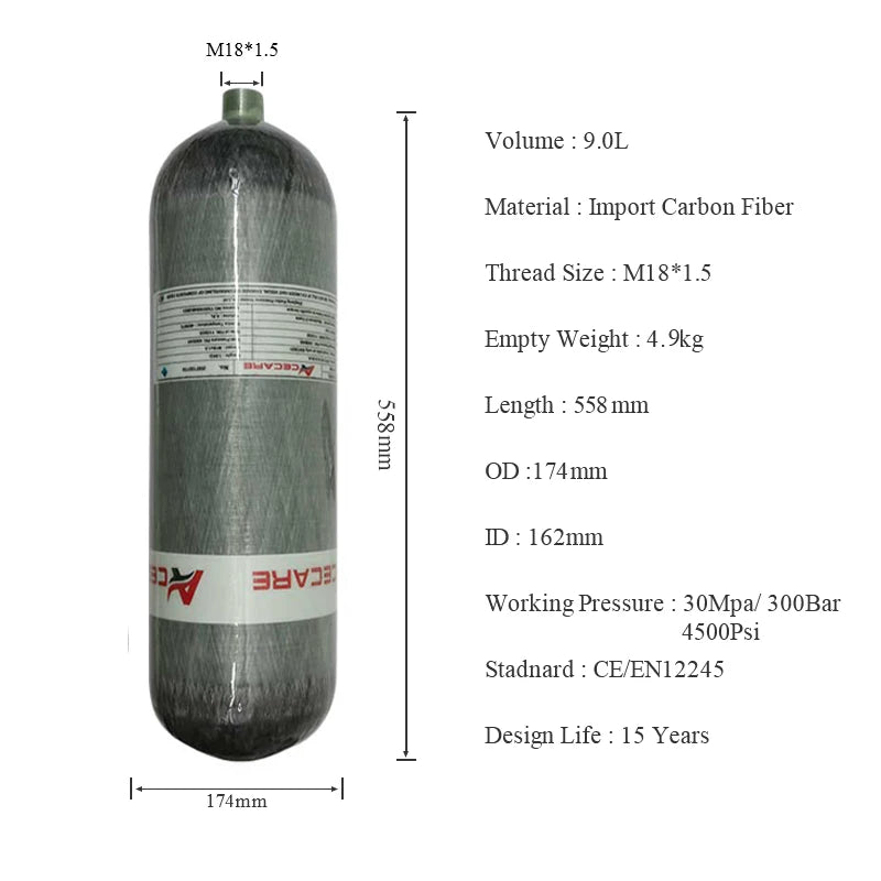 Acecare 3L/6.8L/9L CE Carbon Fiber Scuba Diving Tank Bottle 30Mpa 300Bar 4500psi with Valve Fill Station M18*1.5 SCBA Firesafety