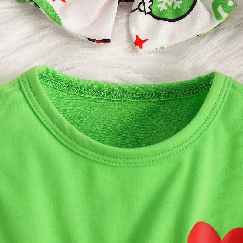 1-6Y Christmas Baby Girls Clothes Green Solid Long Sleeve Tops Christmas print Plush selvedge Flared Pants with headband sets