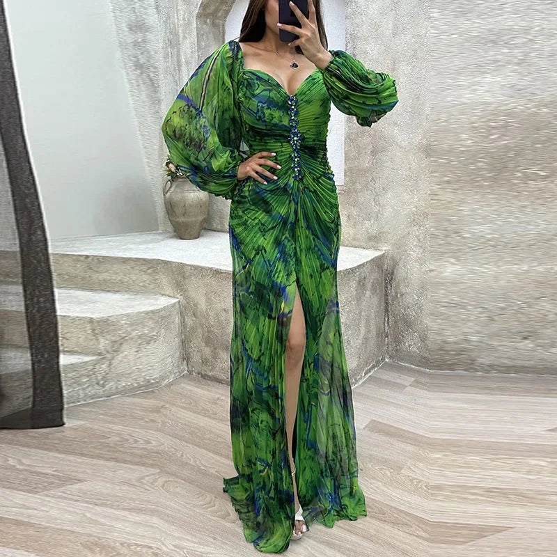 Casual Lantern Long Sleeve Big Hem Long Dress Vintage Tie-dye Print Pleated Party Dress Women Sexy Deep V-neck Waist Split Dress