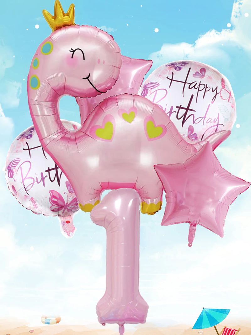 1set Pink Crown Dinosaur Foil Balloons 40 Inch Number Helium Balloon Baby Girl Children‘s Birthday Party Decorations Kids’