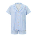 Women’s 2 Piece Casual Sets Lounge Outfits Cute Love Striped Print Short Sleeve Shirt + Drawstring Lace up Shorts Sets Homewear