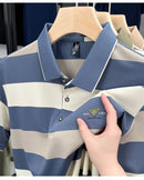 Luxury brand short sleeved men's polo shirt summer new fashion youth custom striped badge design Korean silk top casual T-shirt