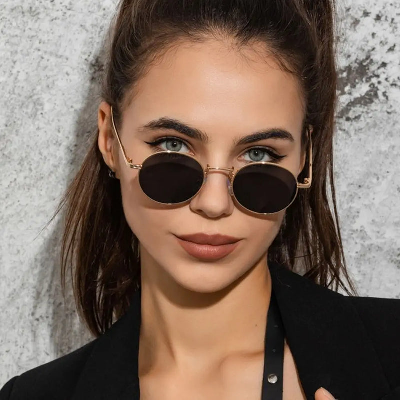 Fashion Trendy Black UV400 Protection Shades Sun Glasses Round Sunglasses for Women Metal Frame For Travel|Beach