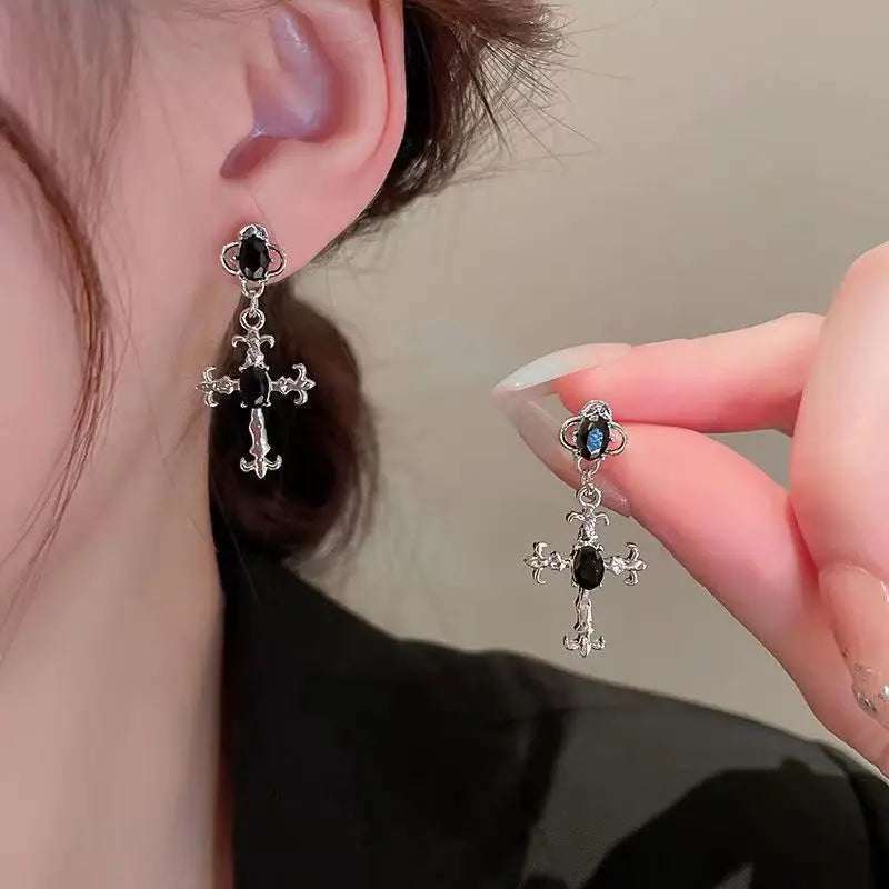 Gothic Cross Black Drill Drop Earrings Women Punk Halloween Jewellery Creativity Fashion Gorgeous Statement Jewelry Girl Gifts