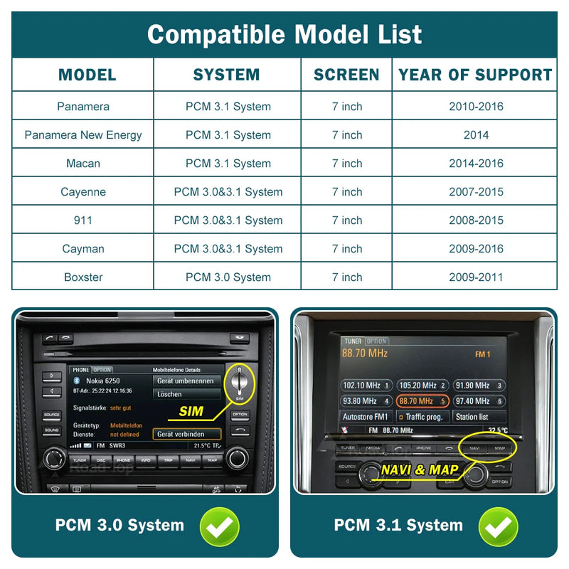 Wireless CarPlay for Porsche 911/918 PCM 3.1 7" 2012-2015 with Android Auto Interface Mirror Link AirPlay Car Play Function