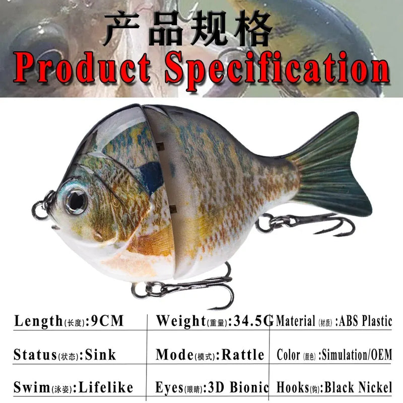 1PCS 9CM 34.5G Glide Bait Single-jointed Plastic Swimbait Sunfish Fishing Bass Lures