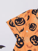 Halloween pumpkin bat print pajama set for women comfortable short-sleeved lapel top and baggy shorts loungewear for women