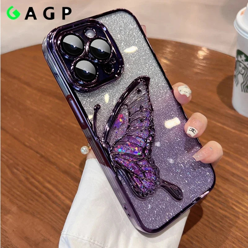 Luxury 3D Glitter Butterfly Quicksand Cute Case for iPhone 15 14 11 12 13 Pro Max Electroplate Camera Protection 15promax Cover
