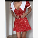 Red Floral Print Peter Pan Collar Dress Women Puff Sleeve V-neck High Waist A-line Mini Dresses Lady Evening Dinner Vestido 2026
