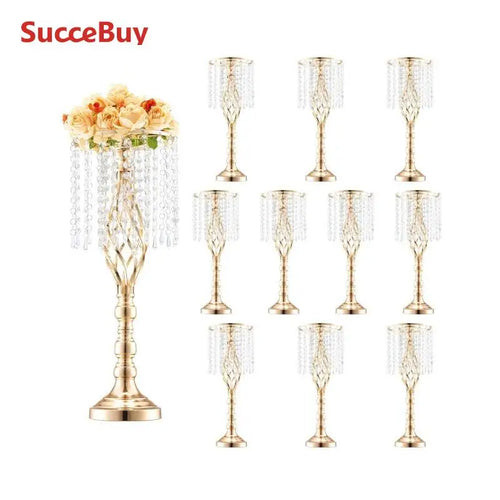 SucceBuy Tall Crystal Wedding Flower Stand Metal Wedding Centerpiece Vase Gold Flower Holders Floral Display Rack for Wedding