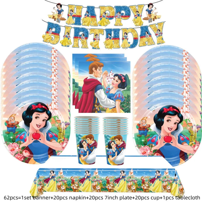Snow White Birthday Party Set Cup Plate Napkins Tablecloth Cake Topper Balloons Disposable Tableware Baby Shower Supplies