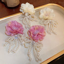 New Bohemian White Pink Big Cloth Flower Earrings for Women Statement Jewelry Handmade Pearl Bowknot Tassel Pendientes