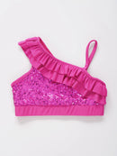 Fashion Girls Tops for Dancing Summer Sleeveless Asymmetrical Sequins Ruffled Tank Crop Top Kids Dance Wear Children's Clothes