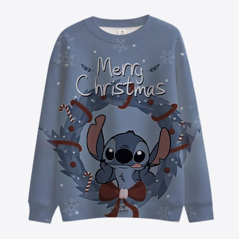 New Merry Christmas Disney Stitch and Mickey Minnie Fall Harajuku Crew Neck Casual Women's Long Sleeve Sweatshirt Ladies Top Y2K