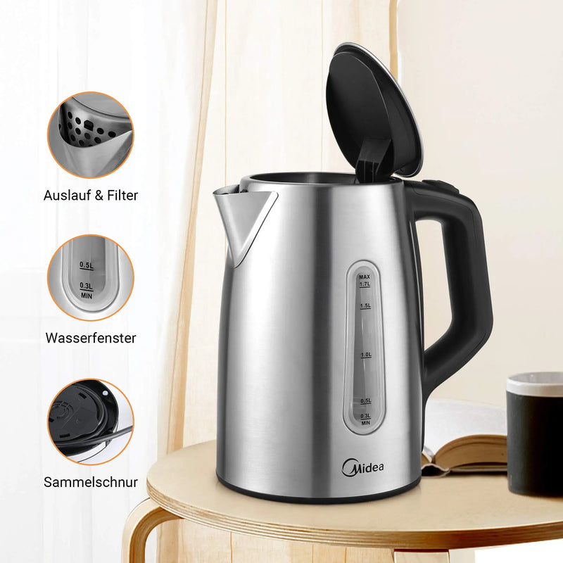 Midea Kettle with Temperature Setting (40, 60, 70, 80, 90, 100 Degree C), Stainless Steel 1.7 Litres, with Viewing Window.