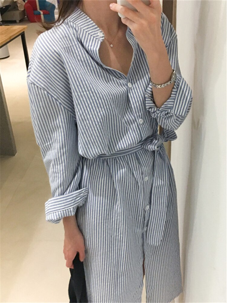 Colorfaith DR1800 2023 Striped Cotton and Linen Shirt Dress Lace Up Women Spring Summer Elegant Korean Fashion Lady Long Dresses