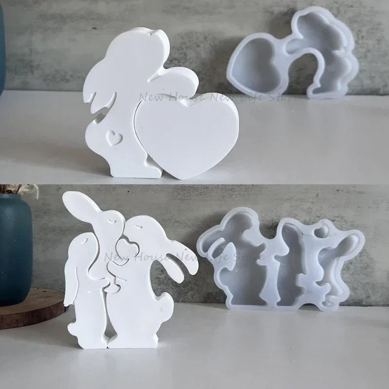Rabbit Family Silicone Mold Bnuuy Family Concrete Plaster Casting Mould Easter Series Heart Rabbits Plaster Ornaments Molds