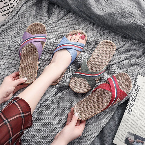 Mntrerm New style slippers Summer home men and women Summer linen lovers Home thick soled anti-skid indoor sandals Female summer