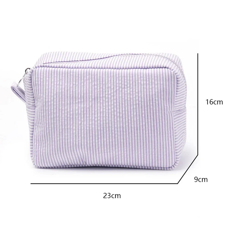 Seersucker Ruffle Cosmetic Bags Pink/Purple Striped Storage Make Up Bags for Women Lady with Zipper Travel Bag Makeup Bag