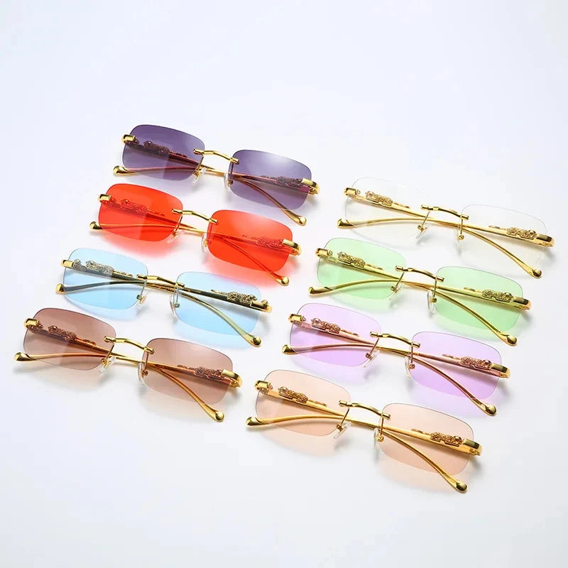 New Rimless Rectangle Vintage Metal Leopard Head Sunglasses Fashion Frameless Tinted Glasses Shades for Women Men