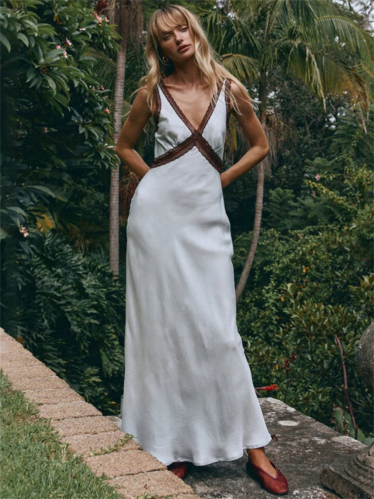 Tossy V-Neck Fashion Lace Maxi Dress Women High Waist Fashion Slim Backless Summer Dress Elegant Patchwork Women's Long Dress