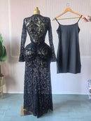 CM.YAYA 2025 Fall Women Long Sleeve Stacked Mesh See Though with Lining Bodycon Long Dress Evening Birthday Sexy Party Dresses