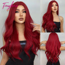 Burgundy Dark Red Synthetic Wigs Long Wavy Wine Red Cosplay Wig with Bangs for Women Natural Body Wave Halloween Heat Resistant